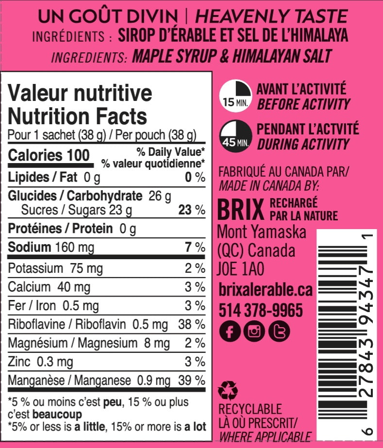 Brix - Gel Énergétique à l'érable - 38g - Érable & Sel Himalaya