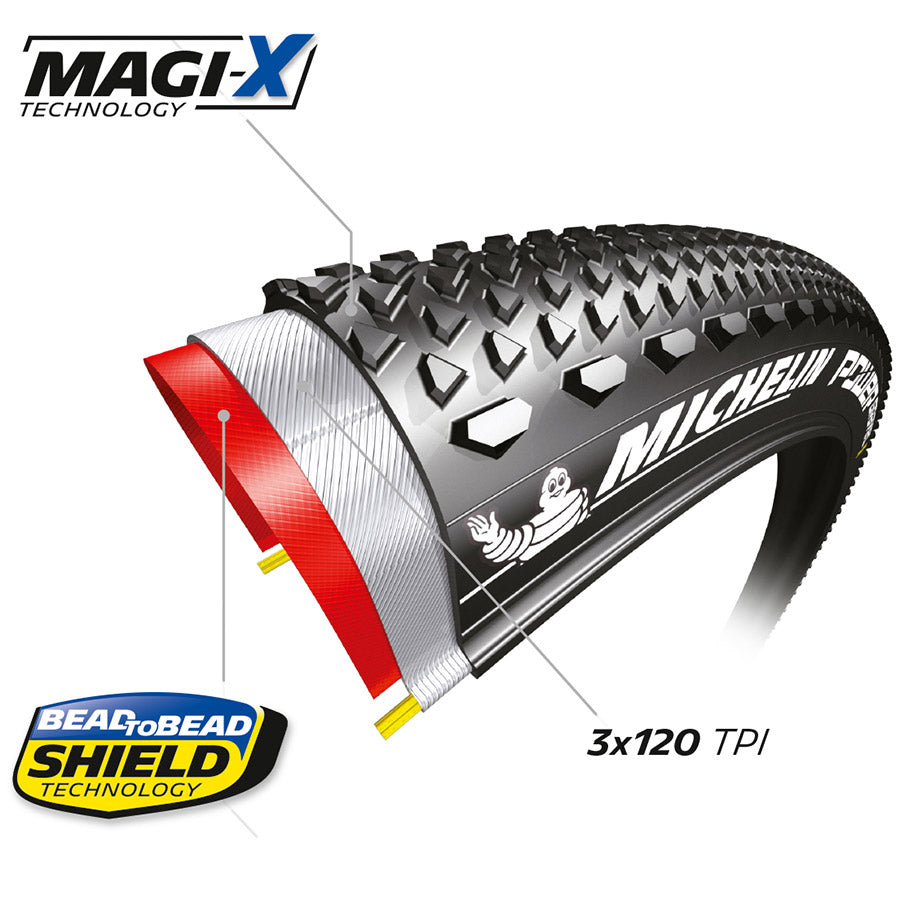 Michelin, Power Gravel, Gravel Tire, 700x57C, Folding, Tubeless Ready, MAGI-X, Bead2Bead Protek, 3x120TPI, Tan