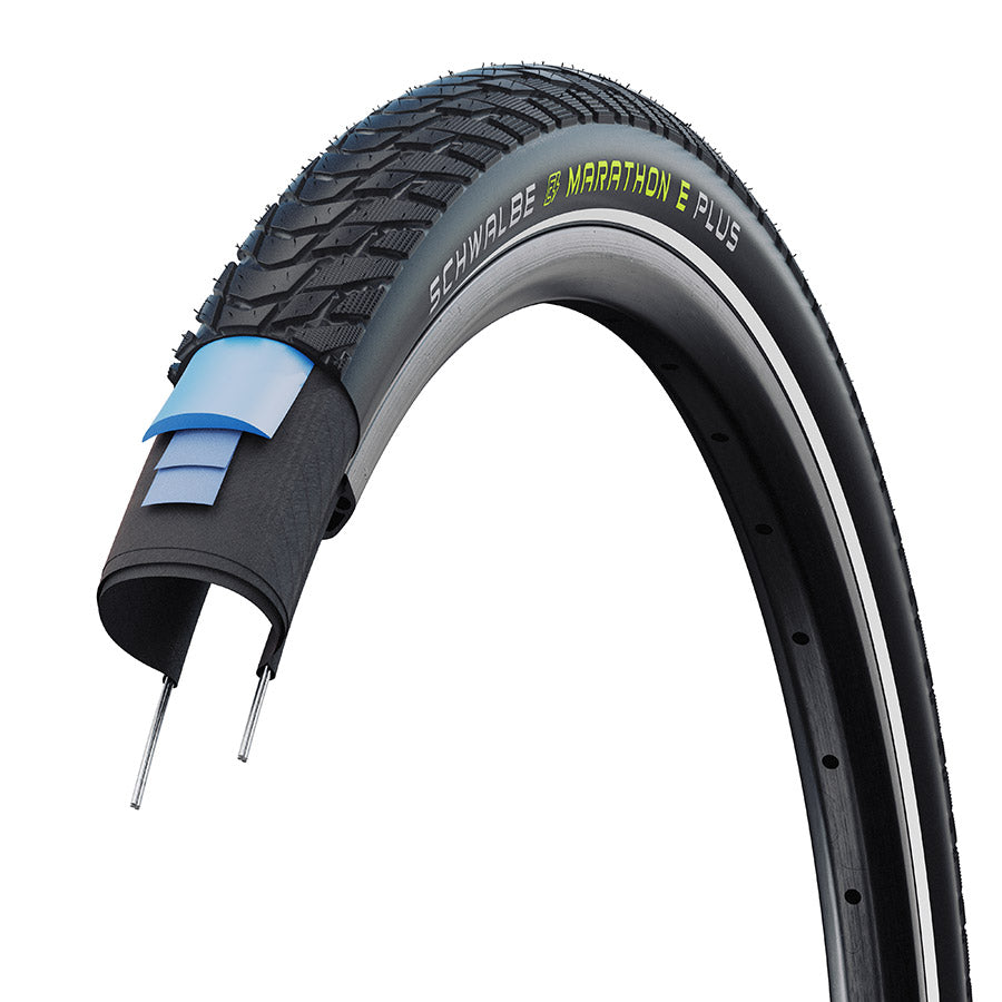 Schwalbe, Marathon E-Plus, Hybrid Tire, Wire, Clincher, Addix E, TwinSkin, 67TPI, Black Reflective