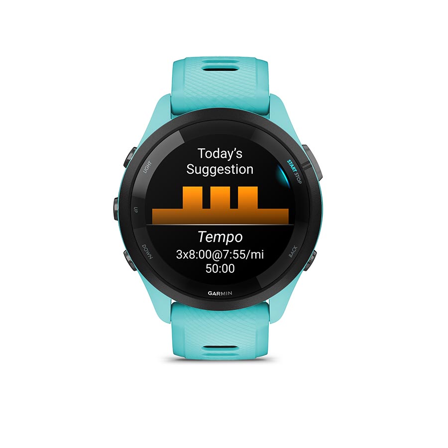 Garmin, Forerunner 265 Music, Watch, Watch Color: Aqua, Wristband: Aqua/Black - Silicone